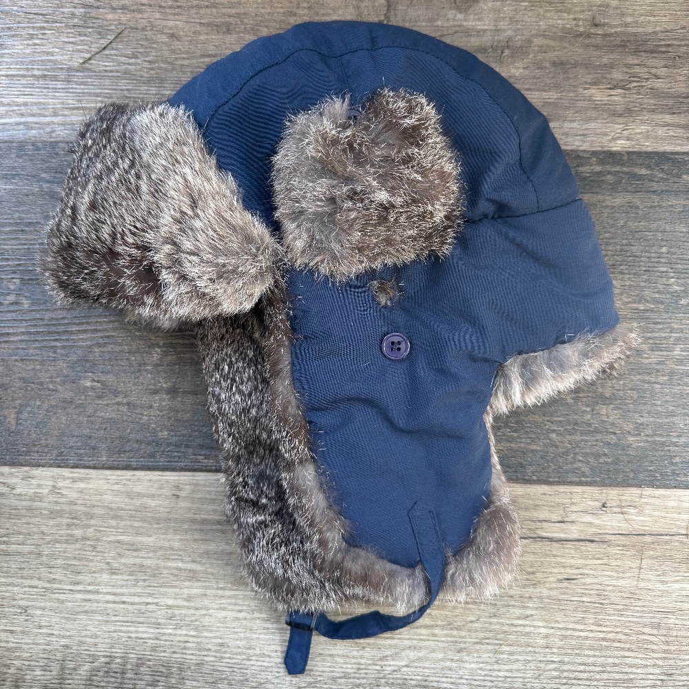 Navy Blue and Gray Fur Winter Hat